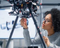 Female Engineer Writing Code. Developing Software for Modern Drone Control in the Research Center Laboratory. Technological Breakthrough in Flight Industries Concept.