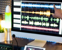 Contemporary musicians on work placement pointing at sound waveform on computer screen