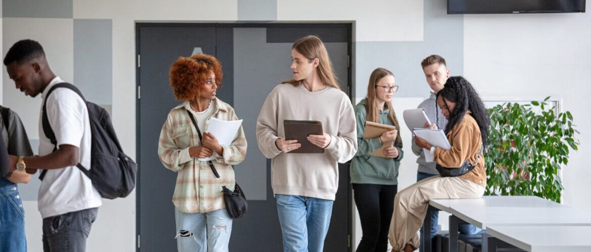 University students walking corridor