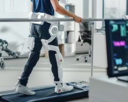 Modern Hospital Physical Therapy: Patient with Injury Walks on Treadmill Wearing Advanced Robotic Exoskeleton Legs. Physiotherapy Rehabilitation Technology to Make Disabled Person Walk. Focus on Legs