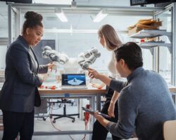 Diverse Team of Future Robotics Engineers Working on Robot Arm Design for their research careers Under the Supervision of Black Professor. Digital Technology and Intelligent Students Concept.